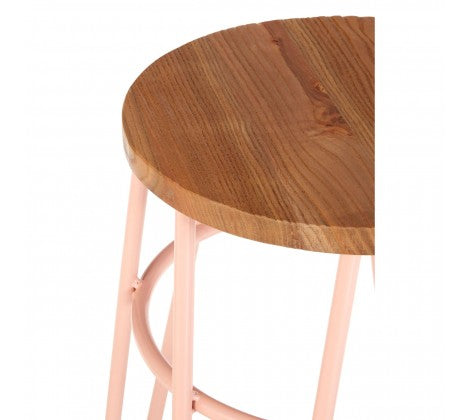 District Pink Metal & Elm Wood Hairpin Stool - Modern Home Interiors