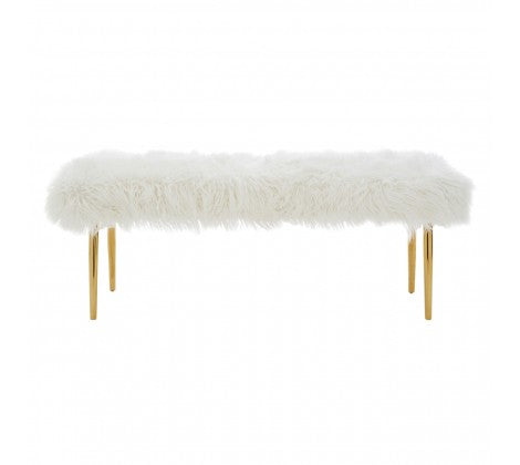 Clarence Natural Fur Effect Bench - White and Gold - Modern Home Interiors