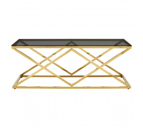 Allure Inverted Prism Base Gold Coffee Table with Black Tempered Glass Top - Modern Home Interiors