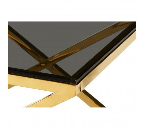 Allure Inverted Prism Base Gold Coffee Table with Black Tempered Glass Top - Modern Home Interiors