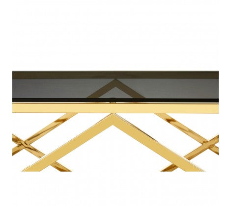 Allure Inverted Prism Base Gold Coffee Table with Black Tempered Glass Top - Modern Home Interiors