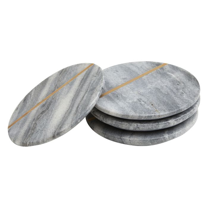 Grey Marble Round Coasters with Gold Toned Accent - Set of 4