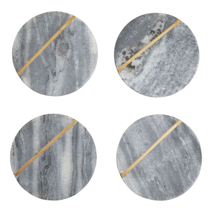 Grey Marble Round Coasters with Gold Toned Accent - Set of 4