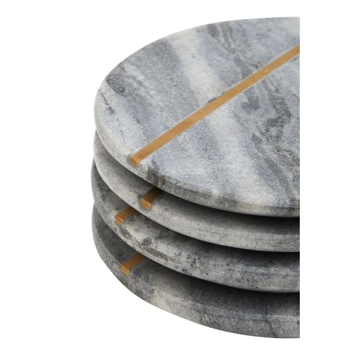 Grey Marble Round Coasters with Gold Toned Accent - Set of 4