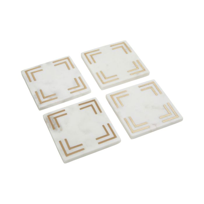 White Marble Square Coasters with Gold Toned Accent - Set of 4