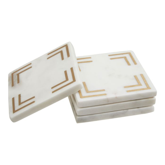 White Marble Square Coasters with Gold Toned Accent - Set of 4