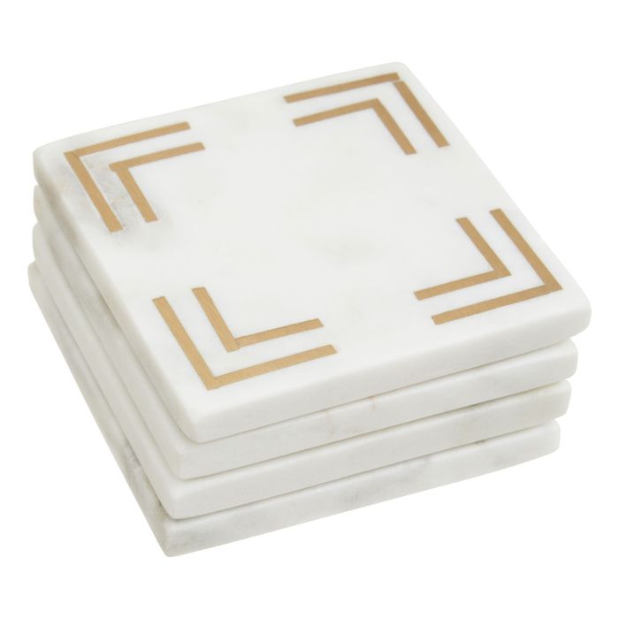 White Marble Square Coasters with Gold Toned Accent - Set of 4