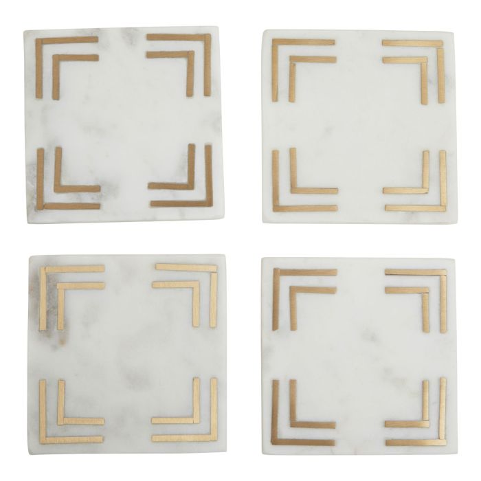 White Marble Square Coasters with Gold Toned Accent - Set of 4