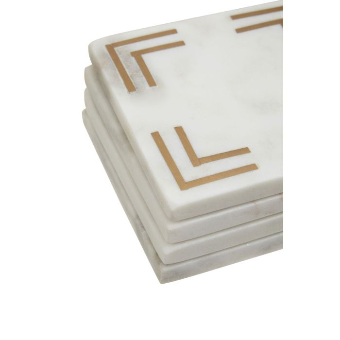 White Marble Square Coasters with Gold Toned Accent - Set of 4