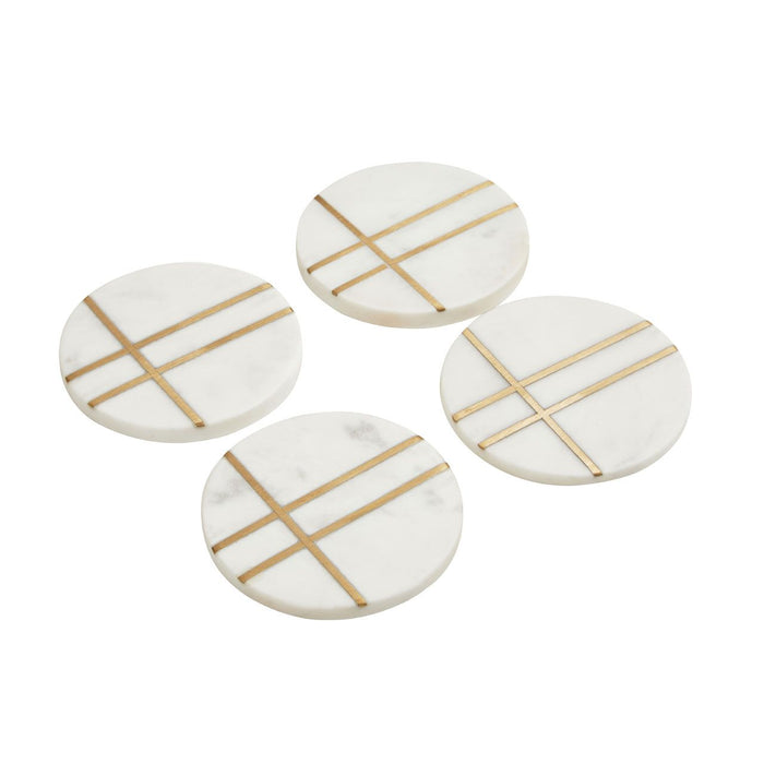 White Marble Round Coasters with Gold Toned Accent - Set of 4