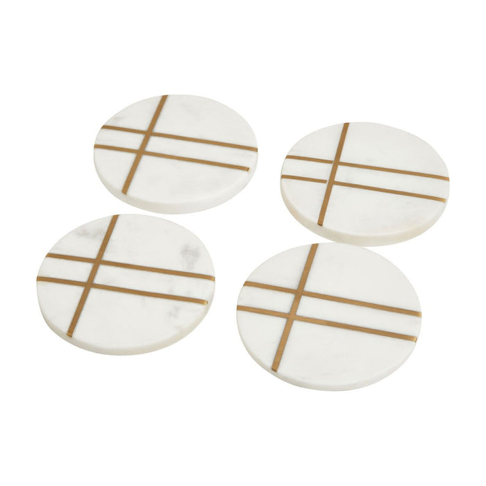 White Marble Round Coasters with Gold Toned Accent - Set of 4