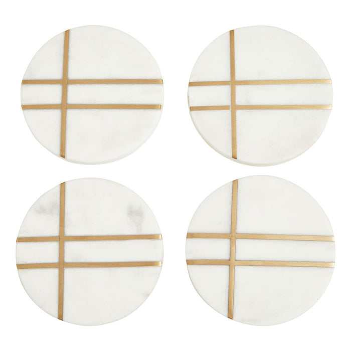 White Marble Round Coasters with Gold Toned Accent - Set of 4