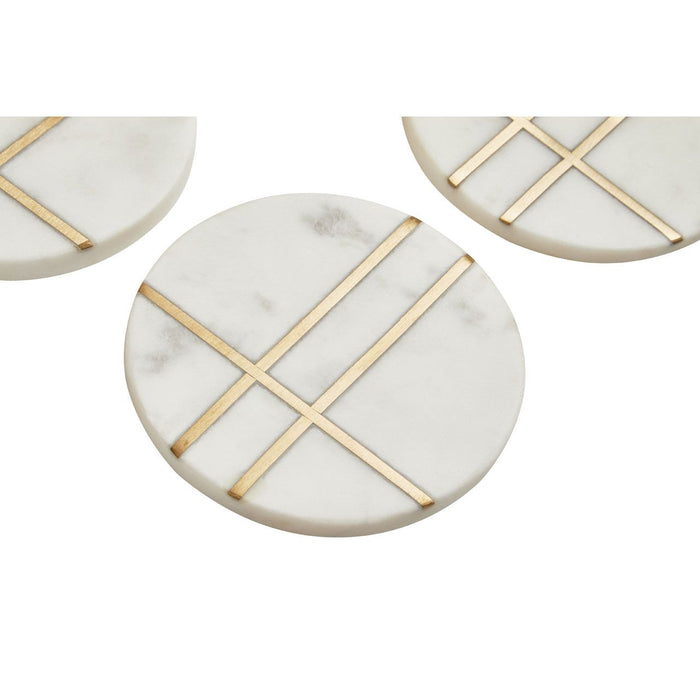 White Marble Round Coasters with Gold Toned Accent - Set of 4