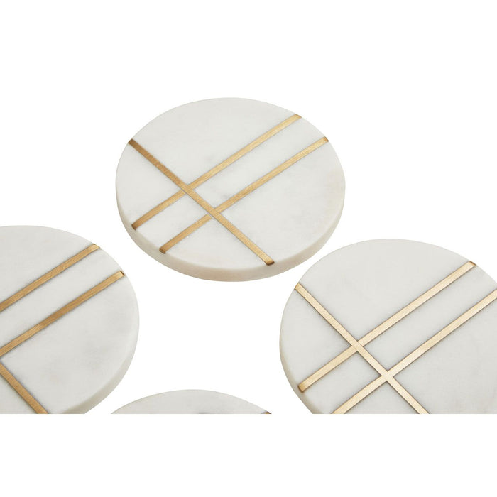 White Marble Round Coasters with Gold Toned Accent - Set of 4