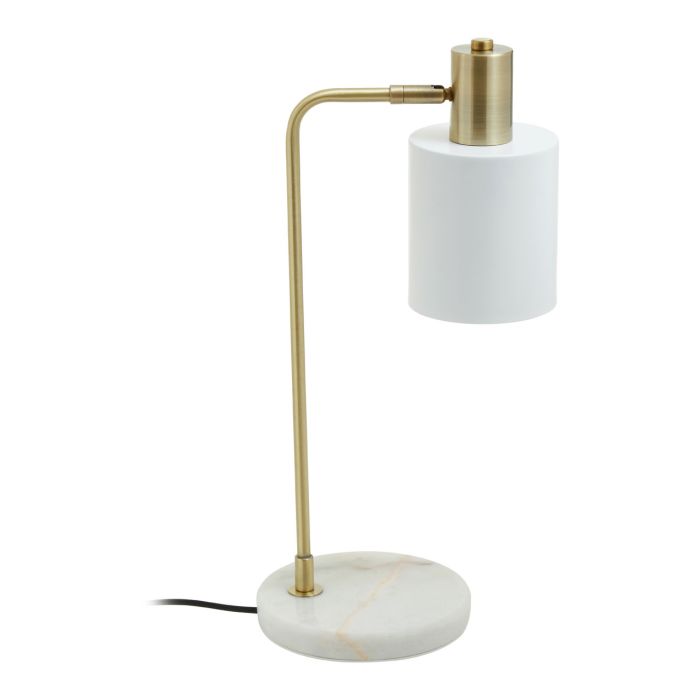 White Marble Base Brass Finish Curved Desk Lamp with White Shade