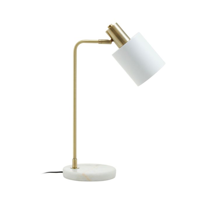 White Marble Base Brass Finish Curved Desk Lamp with White Shade