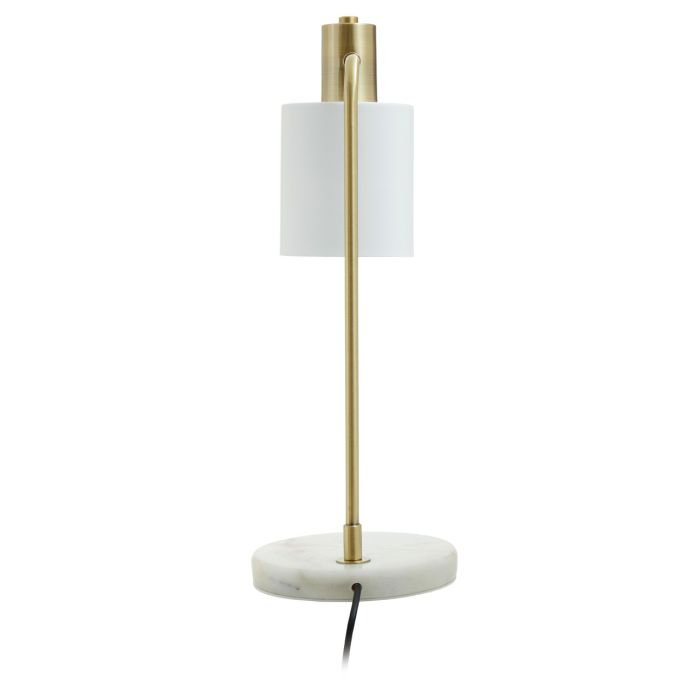 White Marble Base Brass Finish Curved Desk Lamp with White Shade