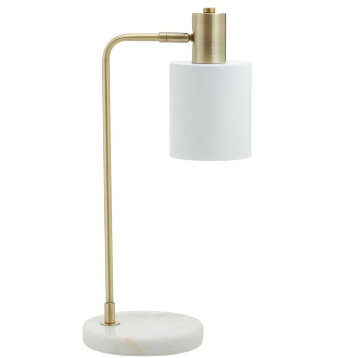 White Marble Base Brass Finish Curved Desk Lamp with White Shade