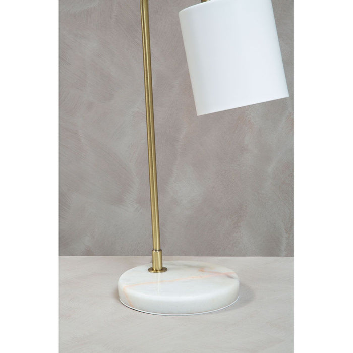 White Marble Base Brass Finish Curved Desk Lamp with White Shade