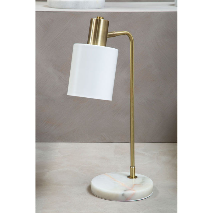 White Marble Base Brass Finish Curved Desk Lamp with White Shade