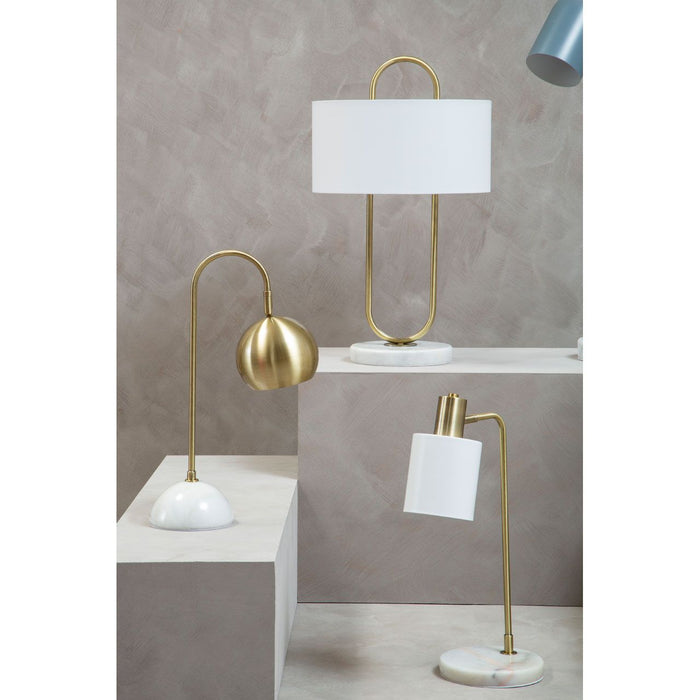 White Marble Base Brass Finish Curved Desk Lamp with White Shade