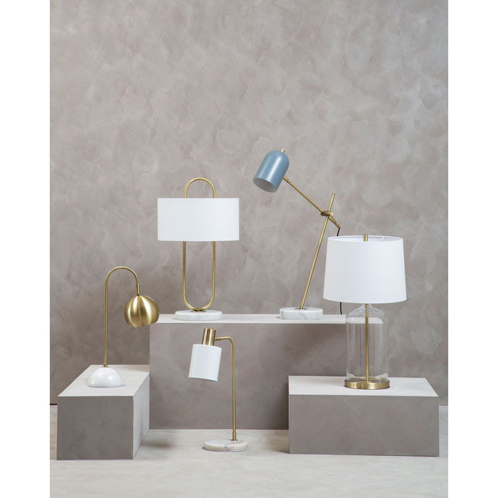 White Marble Base Brass Finish Curved Desk Lamp with White Shade