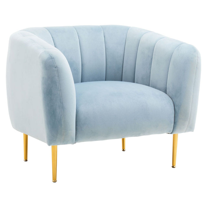 Aqua Blue Velvet Channel Tufting Foam Cushioned Armchair with Gold Legs