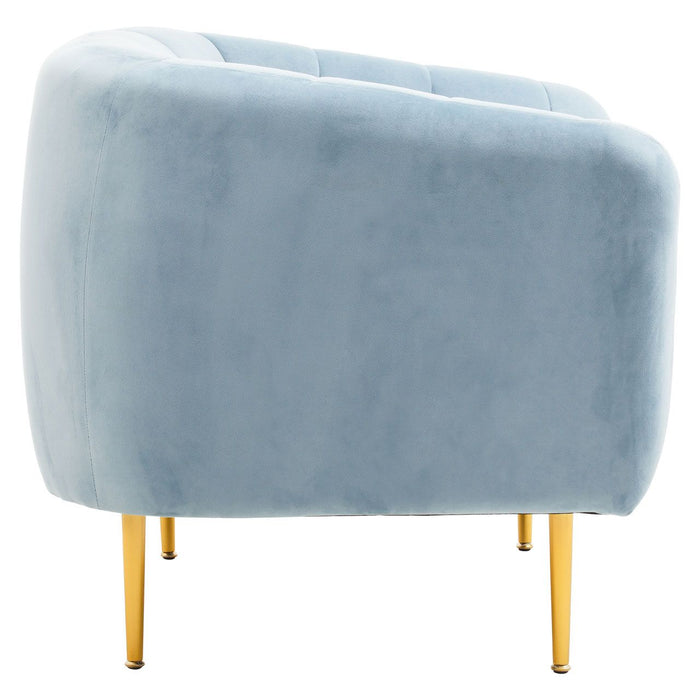 Aqua Blue Velvet Channel Tufting Foam Cushioned Armchair with Gold Legs