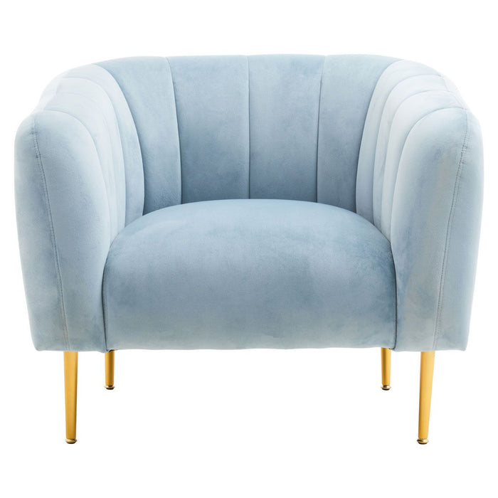 Aqua Blue Velvet Channel Tufting Foam Cushioned Armchair with Gold Legs