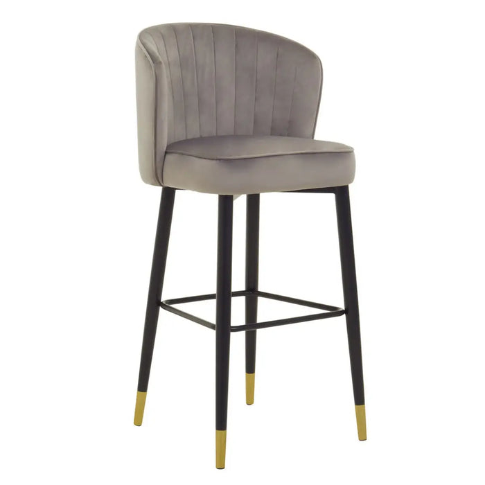 Grey Velvet Upholstered Curved Bar Stool with Pointed Black Gold Dipped Legs