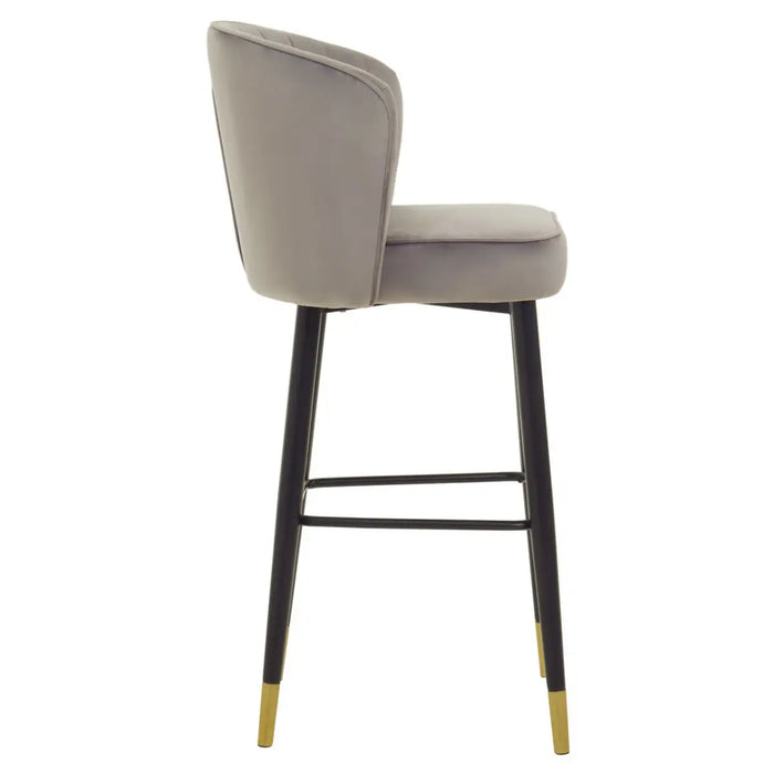 Grey Velvet Upholstered Curved Bar Stool with Pointed Black Gold Dipped Legs