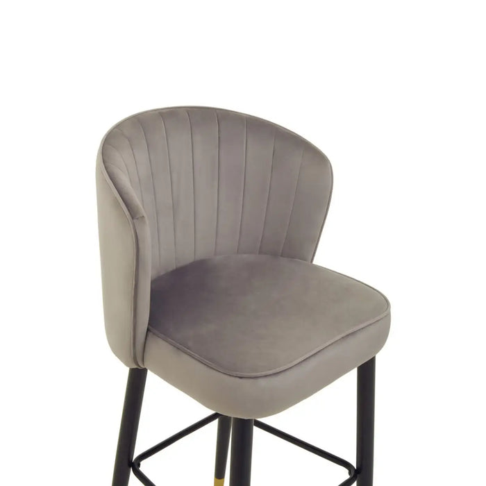 Grey Velvet Upholstered Curved Bar Stool with Pointed Black Gold Dipped Legs