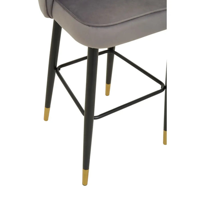 Grey Velvet Upholstered Curved Bar Stool with Pointed Black Gold Dipped Legs