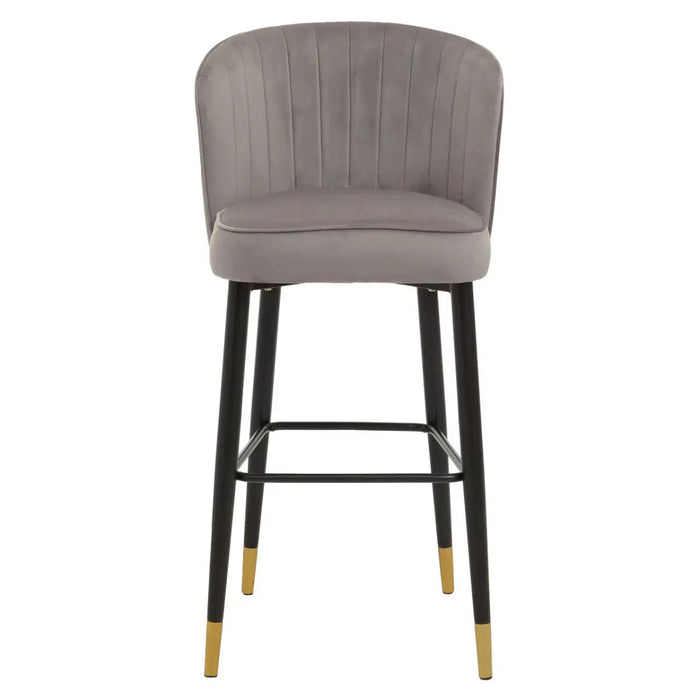 Grey Velvet Upholstered Curved Bar Stool with Pointed Black Gold Dipped Legs