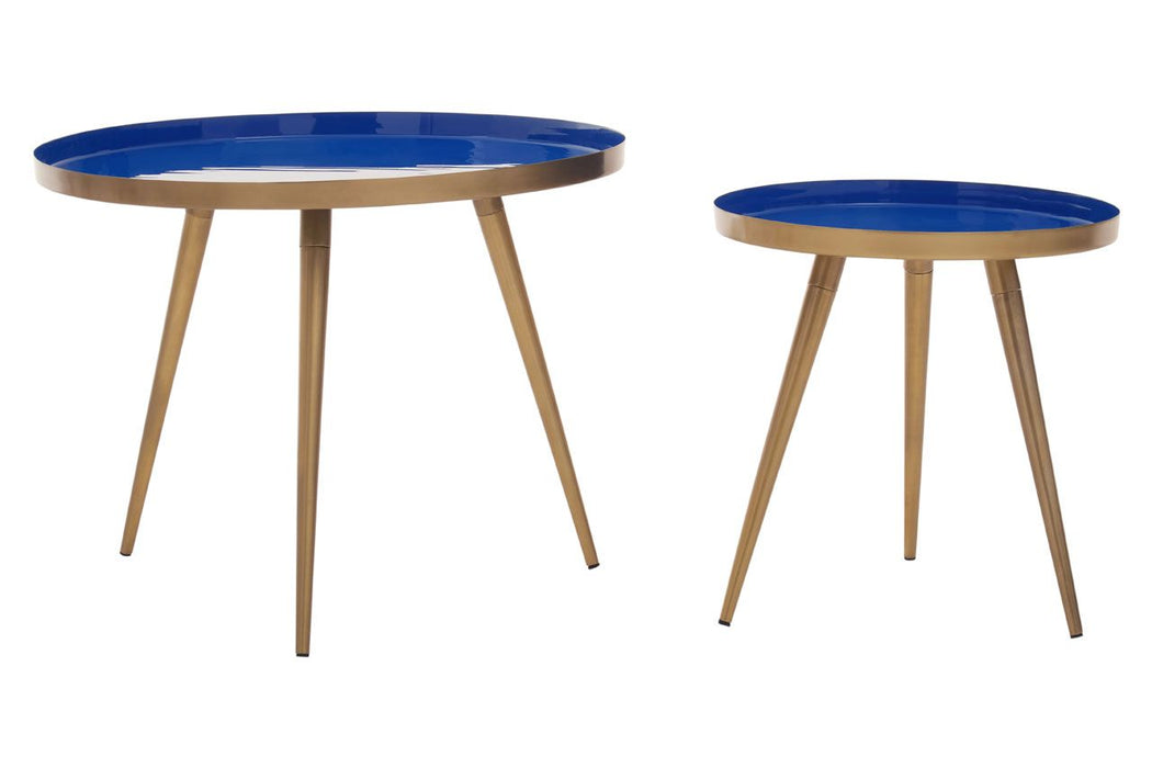 Round Blue Enamel Nest of Tables with Matt Gold Legs