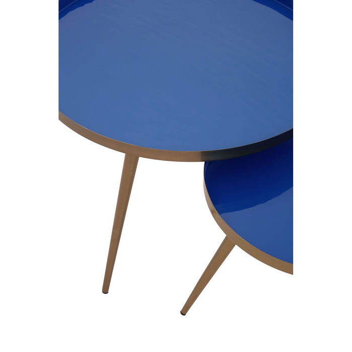 Round Blue Enamel Nest of Tables with Matt Gold Legs