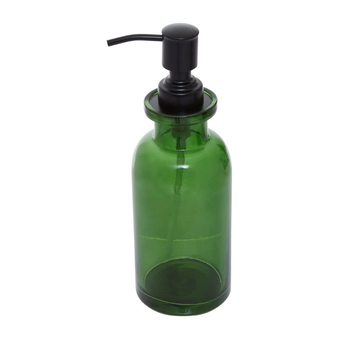 Green Glass and Black Metal Bathroom Soap Dispenser