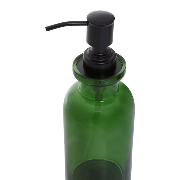 Green Glass and Black Metal Bathroom Soap Dispenser