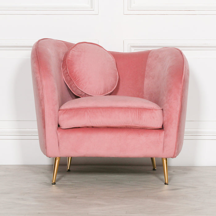 Pink Velvet Armchair with Gold Legs + Cushion - Modern Home Interiors