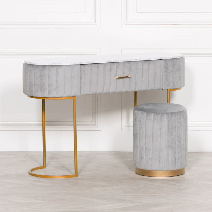 Deco Grey Upholstered Marble Dressing Table with Gold Legs - Modern Home Interiors