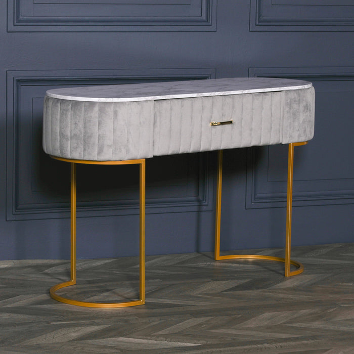 Deco Grey Upholstered Marble Dressing Table with Gold Legs - Modern Home Interiors