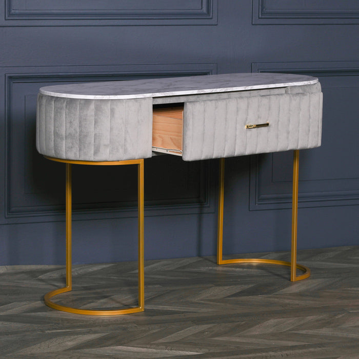 Deco Grey Upholstered Marble Dressing Table with Gold Legs - Modern Home Interiors