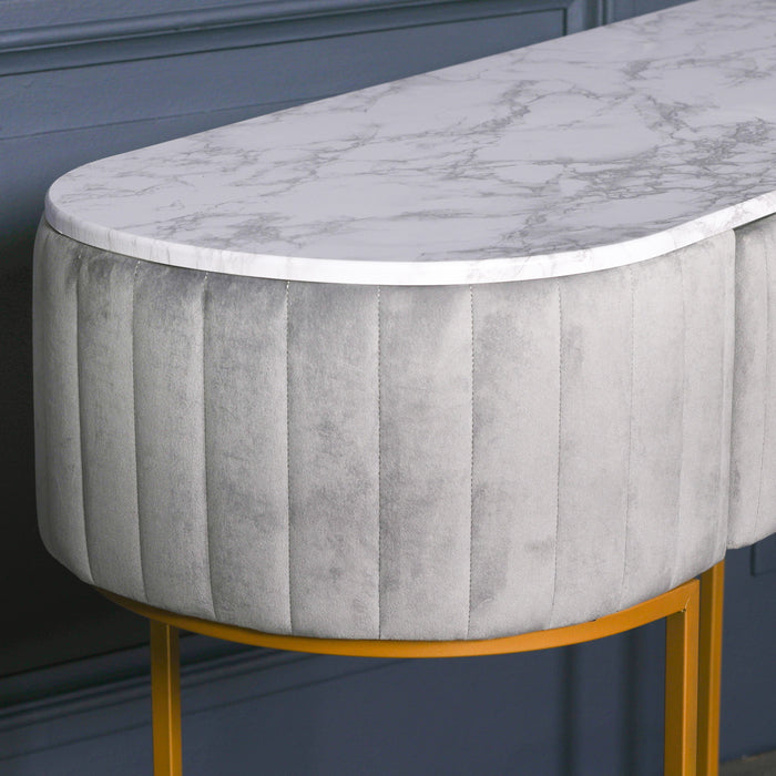 Deco Grey Upholstered Marble Dressing Table with Gold Legs - Modern Home Interiors