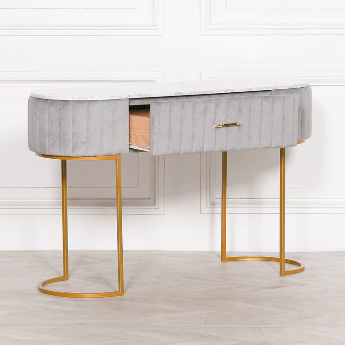 Deco Grey Upholstered Marble Dressing Table with Gold Legs - Modern Home Interiors