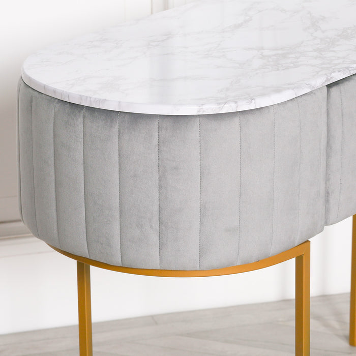 Deco Grey Upholstered Marble Dressing Table with Gold Legs - Modern Home Interiors