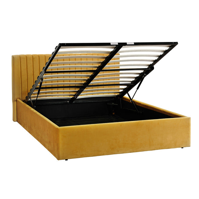 Berlin Mustard Velvet Bed Frame + Ottoman Lift-Up Storage