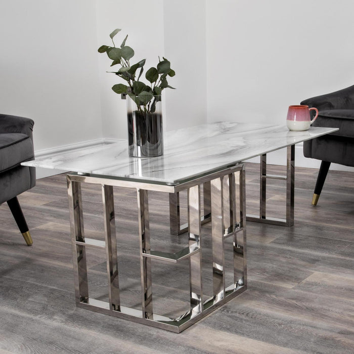 Mila Glass White Marble Effect Luxe Coffee Table - Modern Home Interiors