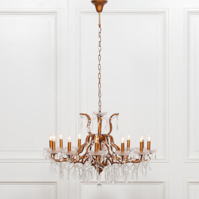 Gold 12 Branch Shallow Cut Glass Chandelier