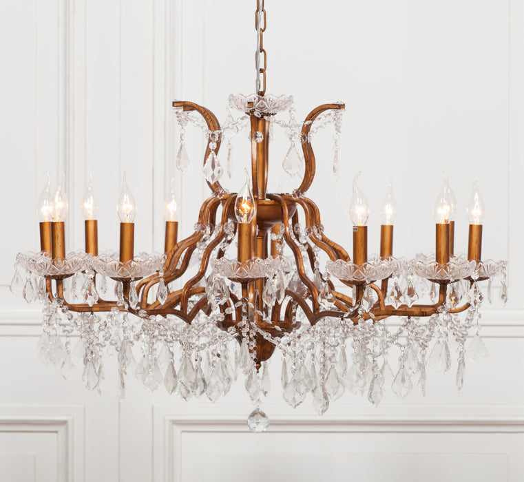 Gold 12 Branch Shallow Cut Glass Chandelier