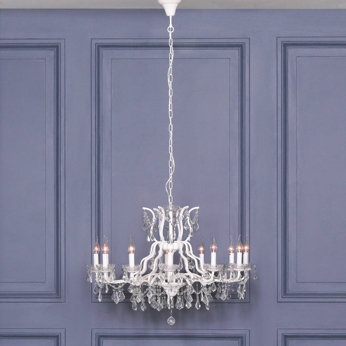 White 12 Branch Shallow Cut Glass Chandelier